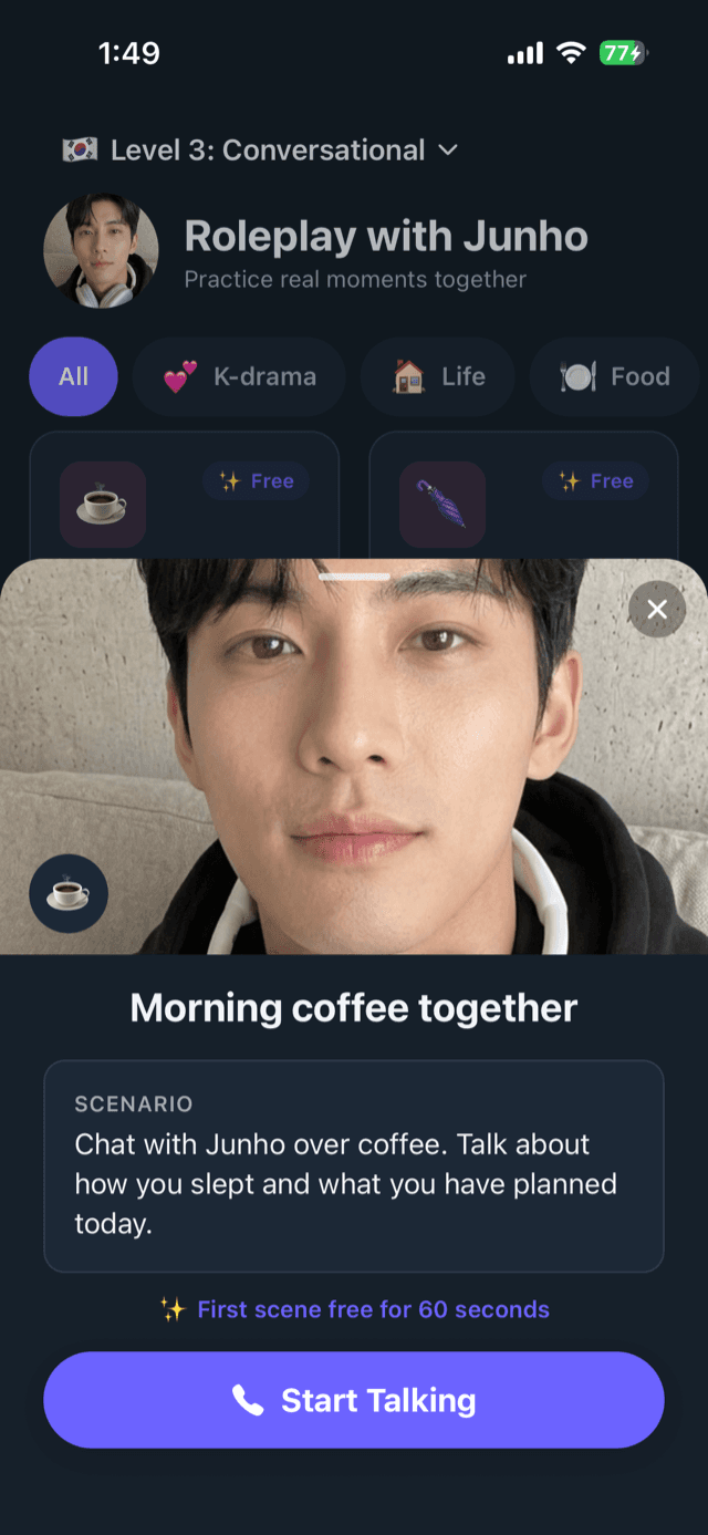 K-drama roleplay scenes with a Morning coffee scenario and Start Talking button